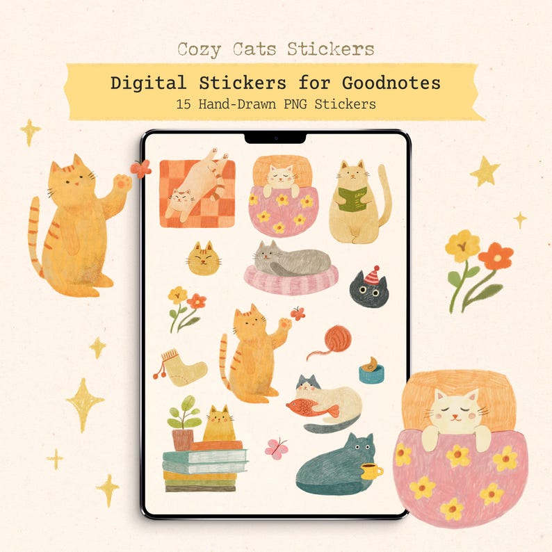 Cozy Cat Digital Stickers: Hand-drawn Planner Art for Goodnotes (PNG ...