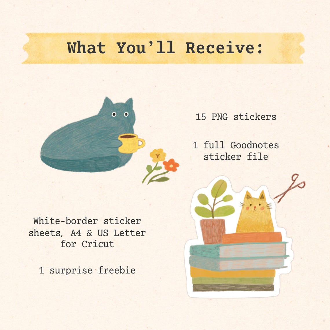 Cozy Cat Digital Stickers: Hand-drawn Planner Art for Goodnotes (PNG ...