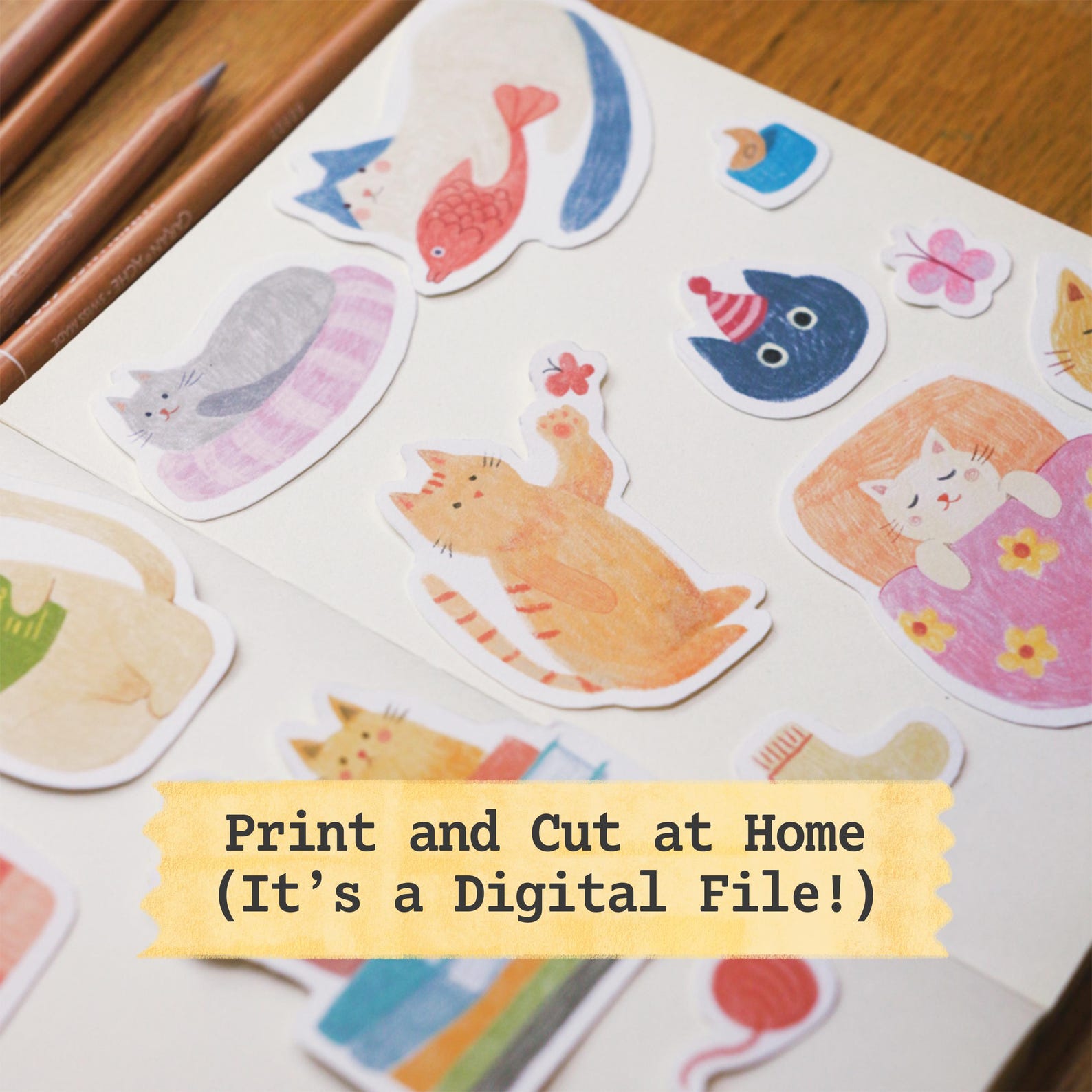 Cozy Cat Digital Stickers: Hand-drawn Planner Art for Goodnotes (PNG ...
