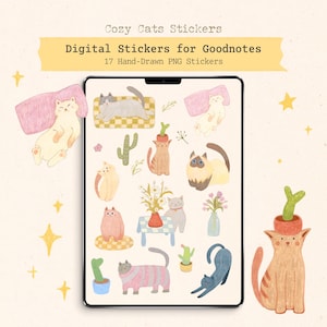 以下が含まれることがあります： Goodnotes用のデジタルステッカー。手描きの居心地の良い猫のイラストが特徴です。ステッカーには、さまざまなポーズの猫、サボテン、花の配置が含まれています。画像には「Cozy Cats Stickers」と「17 Hand-Drawn PNG Stickers」と書かれています。