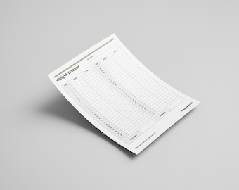 May include: A white weight tracker sheet with a green header that reads "Weight Tracker." The sheet has columns for tracking weight and change over several weeks. The sheet is angled on a gray background.