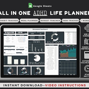 ADHD Life Planner: Digital Google Sheets Life Organizer (2025 Calendar, Habit Tracker, Budget Planner, To do list, Task Tracker, Meal plan)