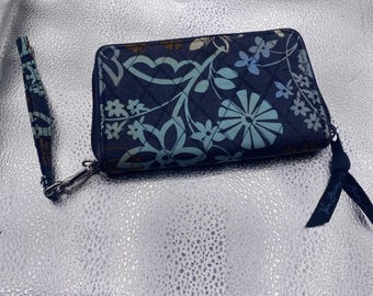 Vera Bradley Dark Blue Light Blue Brown Floral ID Wallet Holder Wristlet Wallet