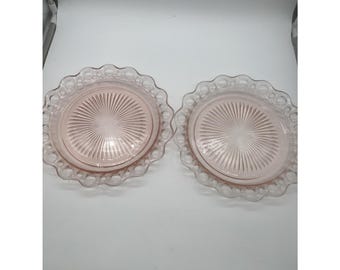 2 platos Anchor Hocking Old Colony de 10 pulgadas, de cristal rosa estilo Depression Glass, con borde de encaje, de la década de 1930.