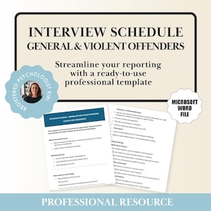 Könnte beinhalten: Eine professionelle Ressource mit dem Titel „Interview Schedule General & Violent Offenders“. Das Dokument enthält eine sofort einsatzbereite Vorlage zur Straffung der Berichterstattung. Das Bild zeigt einen registrierten Psychologen und ein Microsoft Word-Dateisymbol.