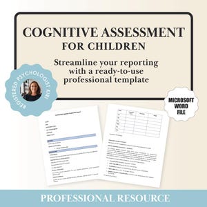 Può includere: Una risorsa professionale per la valutazione cognitiva dei bambini. L'immagine presenta un modello pronto all'uso, con il testo "COGNITIVE ASSESSMENT FOR CHILDREN" e "Streamline your reporting with a ready-to-use professional template."