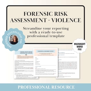 Op de afbeelding: Een professionele bron voor forensische risicobeoordeling van geweld. De afbeelding toont een sjabloon met de tekst "Forensic Risk Assessment - Violence" en "Stroomlijn uw rapportage met een kant-en-klare professionele sjabloon."