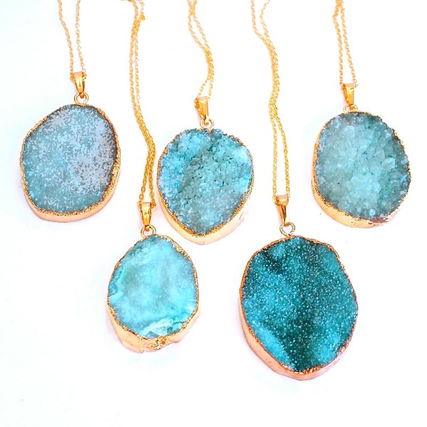 GOLD dipped aqua blue crystal quartz  druzy drusy necklace