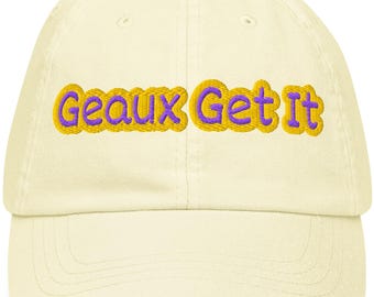 Geaux Get It Cappello ispirato alla LSU Cappellino da baseball Louisiana Viola Oro Ricamato Giorno della partita