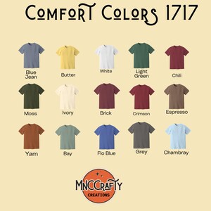 Comfort Colors 1717 t-shirt color chart showing multiple color options available for Basset hound patriotic shirt.