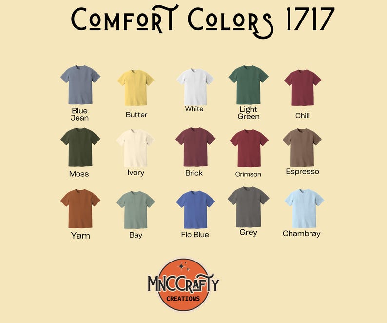Comfort Colors 1717 t-shirt color chart showing multiple color options available for Basset hound patriotic shirt.
