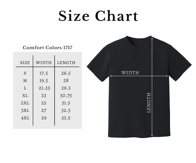 Comfort Colors 1717 size chart unisex t-shirt sizing guide S through 4XL width and length measurements.