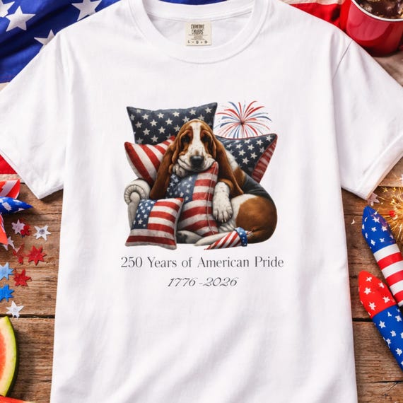 Basset Hound America 250 T-shirt: 100% Cotton, Sizes S-4XL in 15 Color Options
