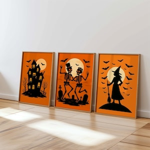 Paquete de arte mural de Halloween: Bruja espeluznante, esqueletos danzantes, casa embrujada con gatos negros. Decoración de Halloween imprimible con descarga digital.