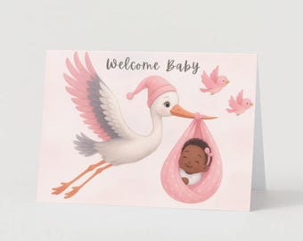 Baby Shower Card | Whimsical Pink Stork Welcome Baby | Cardstock