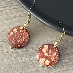 Red Brown Coin Shell Earrings, Spotted Pattern Boho Beach Jewelry, Handmade Speckled Earrings, Mother Of Pearl Disk Dangles, Gift For Women