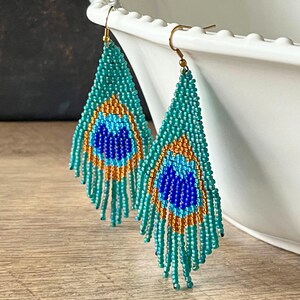 Seed Bead Peacock Feather Earrings, Handwoven Boho Chic Beaded Fringe Earrings, Bird Lovers Jewelry, Long Dangles, Birthday Gift For Women