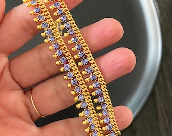 Purple Stone Gold Tone Anklet Set, Dainty Anklets With Bells, Traditional Indian Payal, Wedding Golden Ankle Bracelet, Birthday Gift For Her