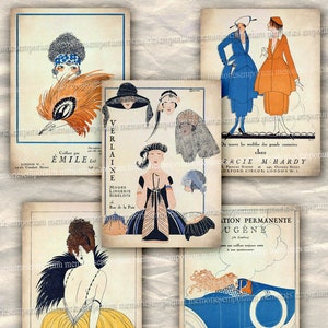 Art Deco Paris Mode Anzeigen Französisch Anzeigen ATC ACEO Größe 1920er Jahre 20er Jahre Zwanziger Jahre Kleider Kosmetik Decoupage Haar Salon 461