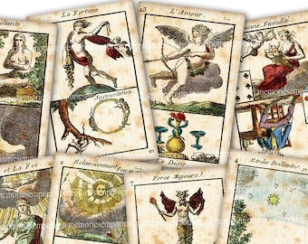 May include: Vintage tarot cards with French text and illustrations. The cards feature a variety of scenes, including a woman with a crown, a sun, a devil, and a cupid with a bow and arrow.