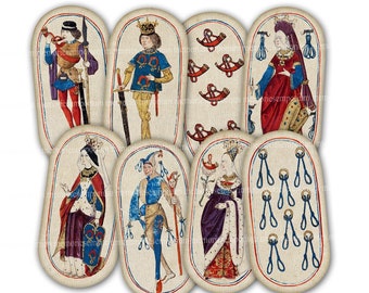 Medieval Oval Playing Cards Cloisters Full Set of 52 Printable Download Hand Painted Illuminated Flemish Hunting Card Game