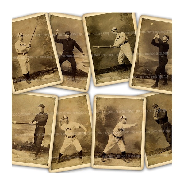 Baseball Printable Download Antique Cards Pitcher Batter 1800s Sepia Photographs 2.5 x 3.5 inches Vintage Sports Ephemera Clipart