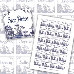 May include: A collection of blue and white spice jar labels with a pagoda design. One label reads "Star Anise." The sheet includes labels for various spices like "Allspice," "Cinnamon," and "Garlic." The labels are from "Memories Emporium."