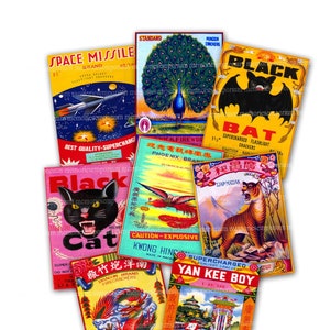 Asiatisch Chinesisch Feuerwerk Etiketten Printable Download Retro Feuerwerkskörper Silvester Feuerwerk Cracker 1950er Jahre Retro Clipart Papiere Decoupage