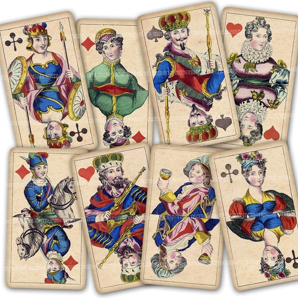 Speelkaarten Royals Antieke Afdrukbare Download Part Deck 19e Eeuw Decoupage Journaling Scrapbooking King Queen Jack Pages Joker A82