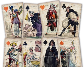 Naipes franceses del siglo XIX imprimibles, descarga, juego completo de 52 cartas antiguas para diario, álbum de recortes, decoupage, clipart