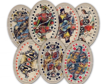 Baraja de cartas antigua ovalada imprimible para descargar: Doce Reyes y Ases. Juego de cartas antiguo del siglo XIX. Juego incompleto.