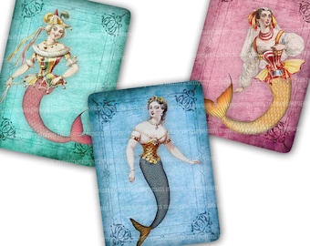 May include: Three vintage mermaid illustrations on cards with ornate borders. The mermaids are wearing colorful costumes and have long flowing tails. The cards are in shades of blue, pink, and teal.