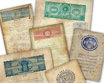India Printable  Download Old Government Documents Paper Stationery Ephemera Antique Page Vintage Stamps Antique Hindu Journal Scrapbook
