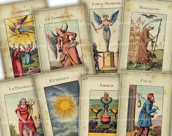 May include: A set of vintage tarot cards with colorful illustrations and French text. The cards feature images of angels, a sun, a snake, a skull, and a man with a bag. The cards are printed on thick paper with a textured surface.