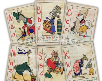 ABC Flash Cards Alphabet Printable Download French Antique ABCs Animals Retro Kids Old School Children Flip Spelling Education