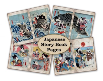 Journal indésirable japonais Pages vieux livre de contes asiatique Japon imprimable Télécharger Antique éphémère numérique bricolage Scrapbook