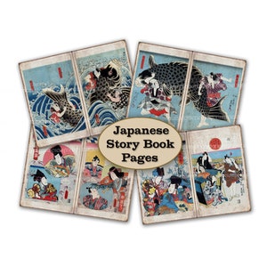 Japanese Junk Journal Pages Old Asian Storybook Japan Printable Download Antique Ephemera Digital DIY Scrapbook