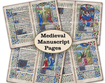 Páginas de diario basura de manuscrito iluminado medieval imprimible Descargar kit de scrapbooking de caligrafía de la Edad Media