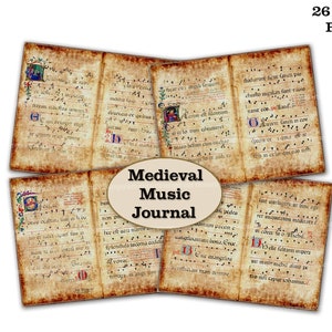 May include: A set of 26 pages of vintage-style sheet music with medieval music notation. The pages are aged and have a yellowed, parchment-like appearance. The text on the pages reads "Actum est facetum", "Modernt ficet faneh pre", "Medieval Music Journal", and "i pedes".