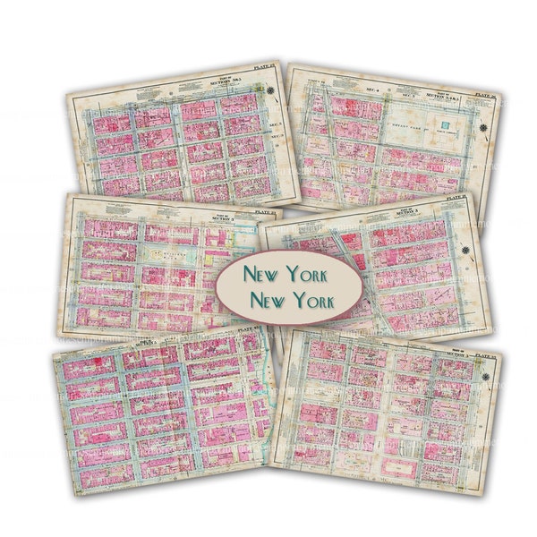 New York Manhattan Street Maps Digital Download Prints 1914 Junk Journal Scrapbooking Decoupage Antique Sets de table Vieux fonds