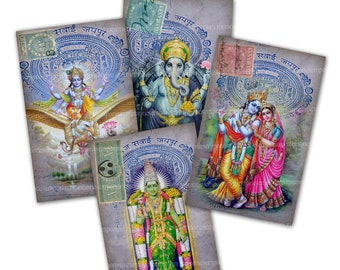 May include: Four vintage postcards featuring Hindu deities. Each card has a blue and white border with the text "Sawai Jai  Jaipur" in Hindi. The deities depicted are Vishnu, Ganesha, Radha Krishna, and Lakshmi.