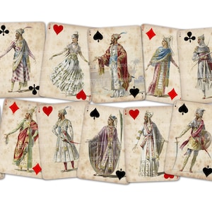 Baraja de naipes antigua incompleta Todos los reyes, reinas y jotas de Oriente Medio Hojas de collage para descargar digitales e imprimibles del siglo XVIII