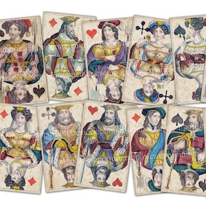 Antike Spielkarten unvollständige Deck alle Royals deutsche Könige Damen Buchsen 18.Jahrhundert druckbare digitaler Download Collage Sheets