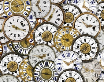 Clock Faces Background Decoupage Digital Paper Clipart Clockface Allover Scrapbooking Pattern Blue Gold White Time Digital Download 795