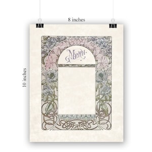 Peut inclure: Un modèle de menu imprimable de 20,32 cm par 25,4 cm avec un motif floral et le mot "Menu" dans une police décorative.