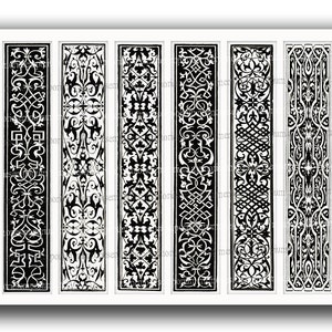 Lesezeichen-mittelalterlichen Renaissance-Digital bedruckbare Download schwarz und weiß Grenzen für Buch-Liebhaber bibliophile Kalligraphie Papierdesigns 802