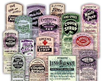 Drug Store Label Antique Digital Printable Download Vintage Cough Syrups Pharmacy Chemist Apothecary Old Paper Ephemera Collage Sheet 827