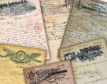 Puede incluir: Una colección de documentos de papel antiguos con texto escrito a mano e ilustraciones. Los documentos incluyen cartas comerciales, facturas y anuncios. Parte del texto es legible, incluidos los nombres de empresas como "Charles Lawrence & Co." y "Boston Fruit Co."