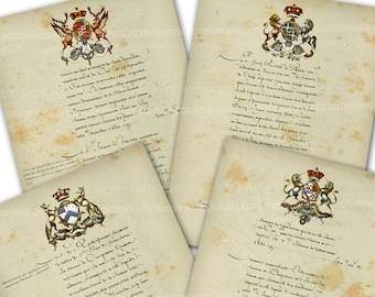 Heraldry Family Crests Armorial Coat of Arms Antique Manuscript Pages Printable Download Handwriting Document Decoupage Backgrounds 930