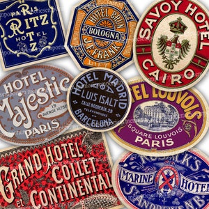 Printable Luggage Labels Antique Hotel Download Suitcase Retro Vintage Travel Tourist Old Stickers Tags Digital Clipart Collage hs 946